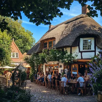 Lively tavern with thatched roof and outdoor patrons - Image 4