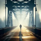 Solitary jogger on an urban bridge at dawn with misty skyline - Image 1