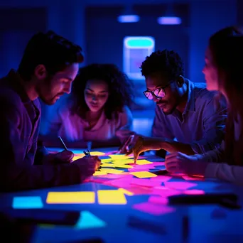 Diverse team engaged in a planning meeting with sticky notes and bright lighting. - Image 1