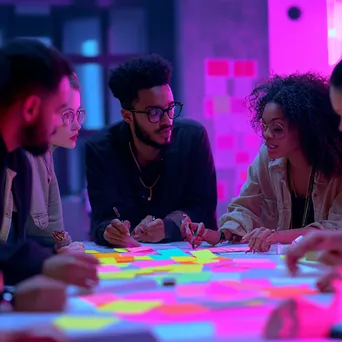 Diverse team engaged in a planning meeting with sticky notes and bright lighting. - Image 3