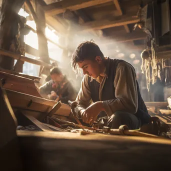 An apprentice learning boat building from a master craftsman in a workshop - Image 3