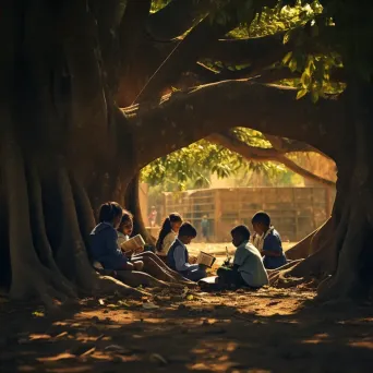 School children studying under a tree in underprivileged area - Image 2