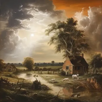 Idyllic rural landscape on a cracked canvas hinting at the looming menace of global warming - Image 1