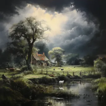 Idyllic rural landscape on a cracked canvas hinting at the looming menace of global warming - Image 3