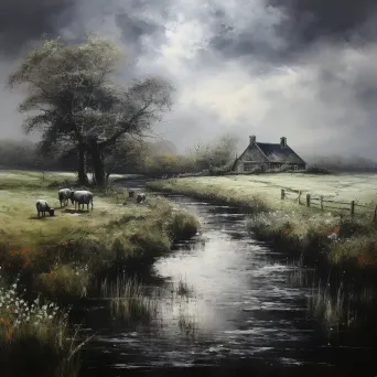 Idyllic rural landscape on a cracked canvas hinting at the looming menace of global warming - Image 4