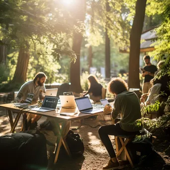 Individuals brainstorming in nature with laptops - Image 3