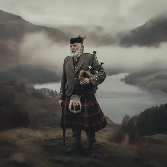 Man in Scottish Highland traditional attire with tartan kilt and bagpipes overlooking misty lochs and rolling hills. - Image 1