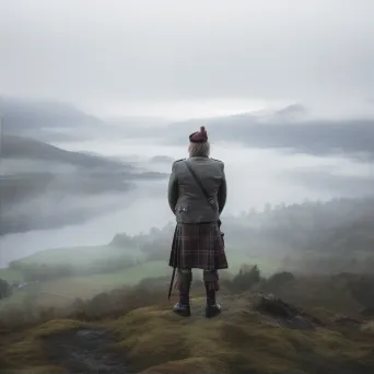 Man in Scottish Highland traditional attire with tartan kilt and bagpipes overlooking misty lochs and rolling hills. - Image 2