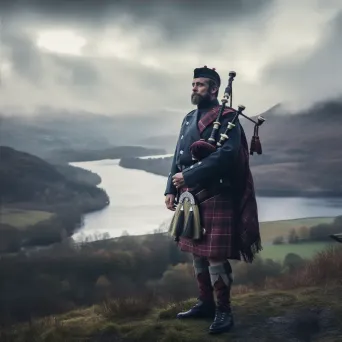 Man in Scottish Highland traditional attire with tartan kilt and bagpipes overlooking misty lochs and rolling hills. - Image 4