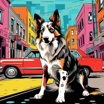 Pop Art style painting of a dog against a vibrant city street - Image 2