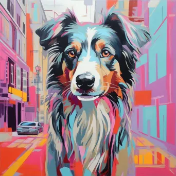 Pop Art style painting of a dog against a vibrant city street - Image 4