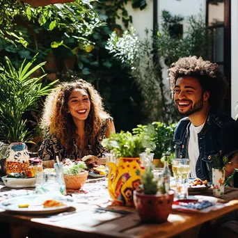 Outdoor brunch gathering with friends laughing and sharing food - Image 1