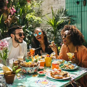 Outdoor brunch gathering with friends laughing and sharing food - Image 3