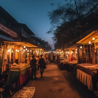 Lively street market at dusk with handmade goods and glowing lanterns, creating a warm inviting scene. - Image 1