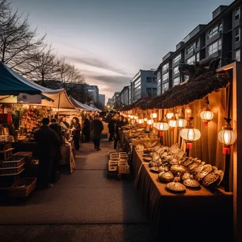 Lively street market at dusk with handmade goods and glowing lanterns, creating a warm inviting scene. - Image 2