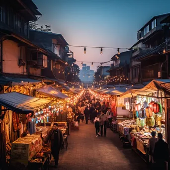 Lively street market at dusk with handmade goods and glowing lanterns, creating a warm inviting scene. - Image 3