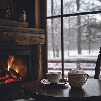 Cozy winter cabin with falling snow and hot cocoa - Image 2