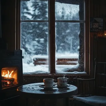 Cozy winter cabin with falling snow and hot cocoa - Image 3