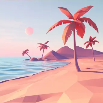 Low poly image of a tranquil beach scene in the early morning with soft pastel colors - Image 4