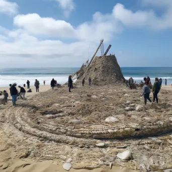 Beach art creation with rakes and natural materials for ocean pollution awareness - Image 1