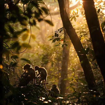 Jungle scene during golden hour with monkeys in treetops - Image 2