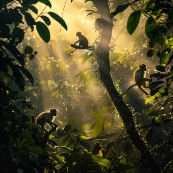 Jungle scene during golden hour with monkeys in treetops - Image 3