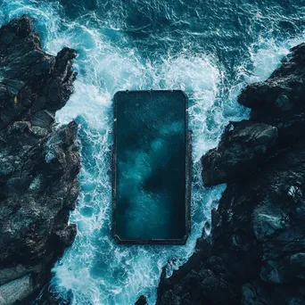 Aerial view of a solitary rock pool in stormy seas - Image 1