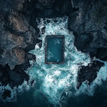 Aerial view of a solitary rock pool in stormy seas - Image 2