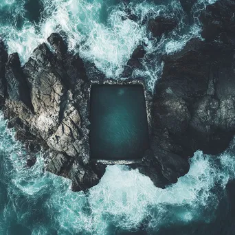 Aerial view of a solitary rock pool in stormy seas - Image 3