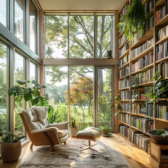 A sunny home library with floor-to-ceiling bookshelves and a reading chair. - Image 1