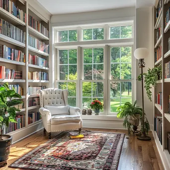 A sunny home library with floor-to-ceiling bookshelves and a reading chair. - Image 3