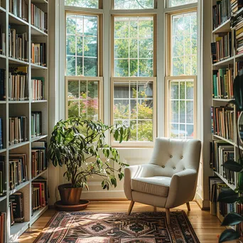 A sunny home library with floor-to-ceiling bookshelves and a reading chair. - Image 4