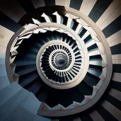 Spiraling staircase with geometric pattern in overhead lighting - Image 4