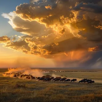 Herd of wildebeest migrating during golden hour. - Image 2