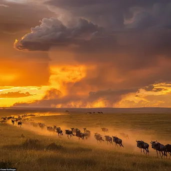 Herd of wildebeest migrating during golden hour. - Image 3