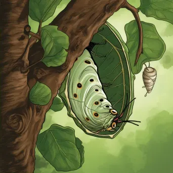 Image of a caterpillar in a cocoon with a butterfly on a leafy branch - Image 2