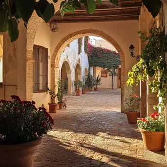 Arched well in a charming antique courtyard during golden hour - Image 1