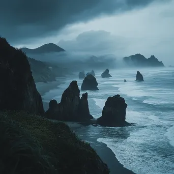 Coastal sea stacks under dark, rainy skies - Image 3