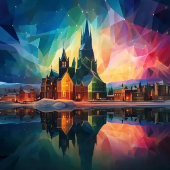 Low poly digital depiction of a city lit by the stunning northern lights - Image 1