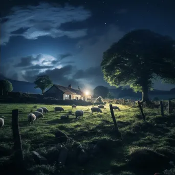 Moonlit countryside farm with grazing sheep - Image 2