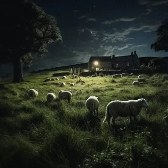 Moonlit countryside farm with grazing sheep - Image 3