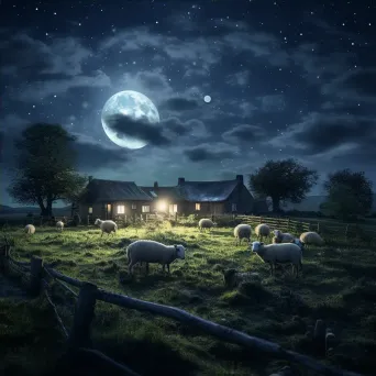 Moonlit countryside farm with grazing sheep - Image 4