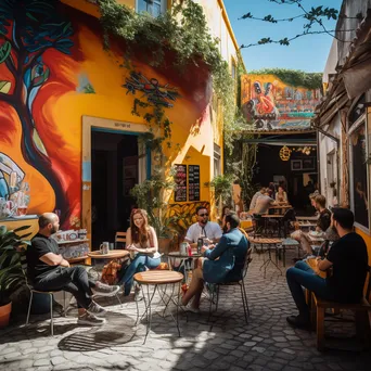 Street café with diners and colorful murals in the background - Image 1