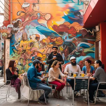 Street café with diners and colorful murals in the background - Image 4