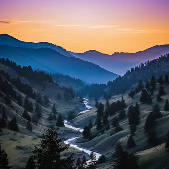 Mountain valley at dusk with silhouettes and pastel sky - Image 2