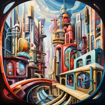 Futuristic cityscape rendered in cubist style featuring dragon-like monorails and towering crystal skyscrapers - Image 2