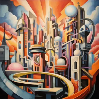 Futuristic cityscape rendered in cubist style featuring dragon-like monorails and towering crystal skyscrapers - Image 4