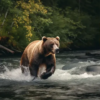 Brown bear catching salmon in rushing river - Image 1