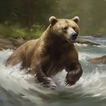 Brown bear catching salmon in rushing river - Image 2