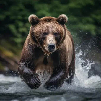 Brown bear catching salmon in rushing river - Image 3